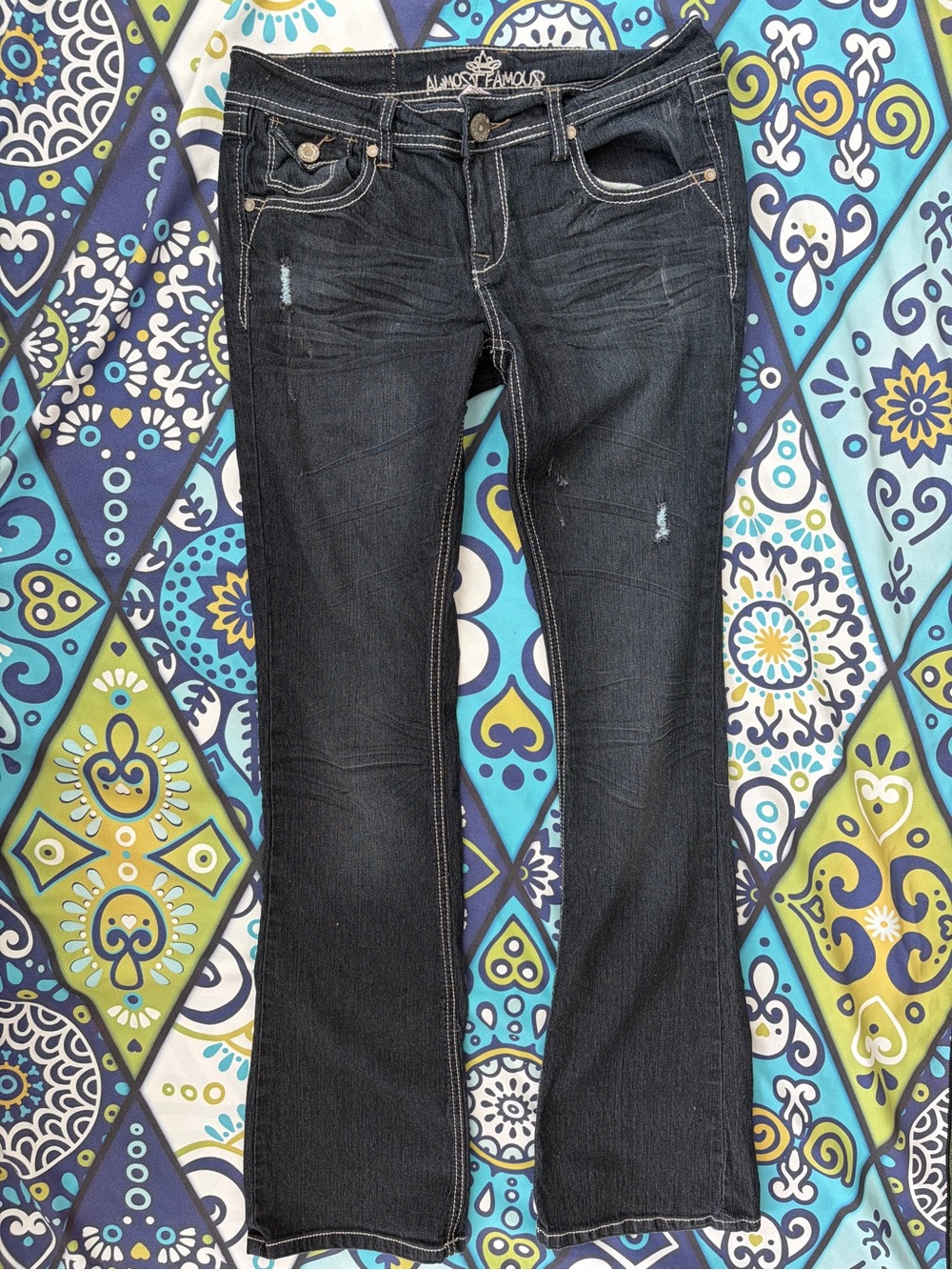 Almost Famous Dark Blue Bootcut Jeans with Back Pocket and Stitch Details Size 7